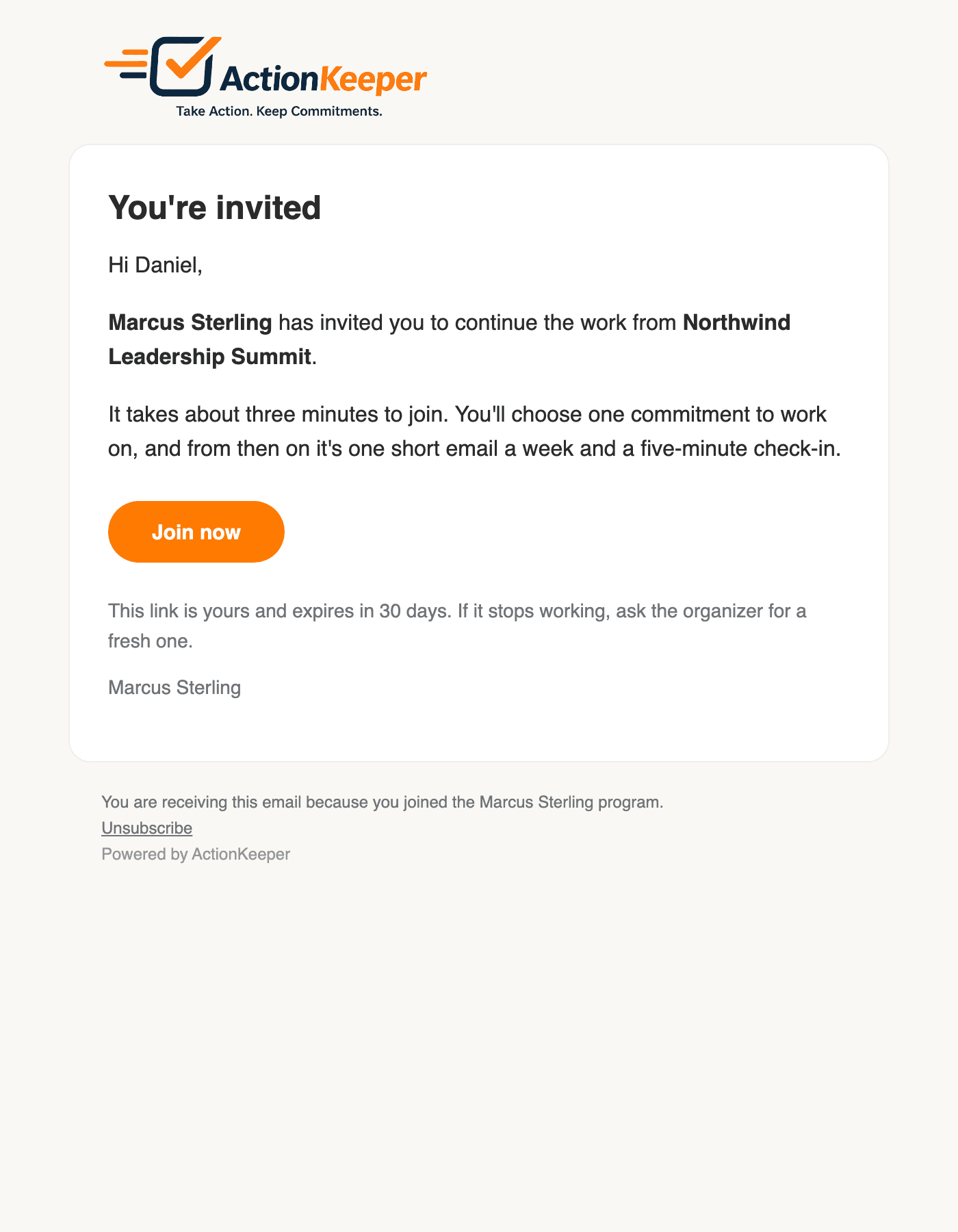 An invitation email naming the coaching practice running the program, reading "You're invited", with a Join now button.