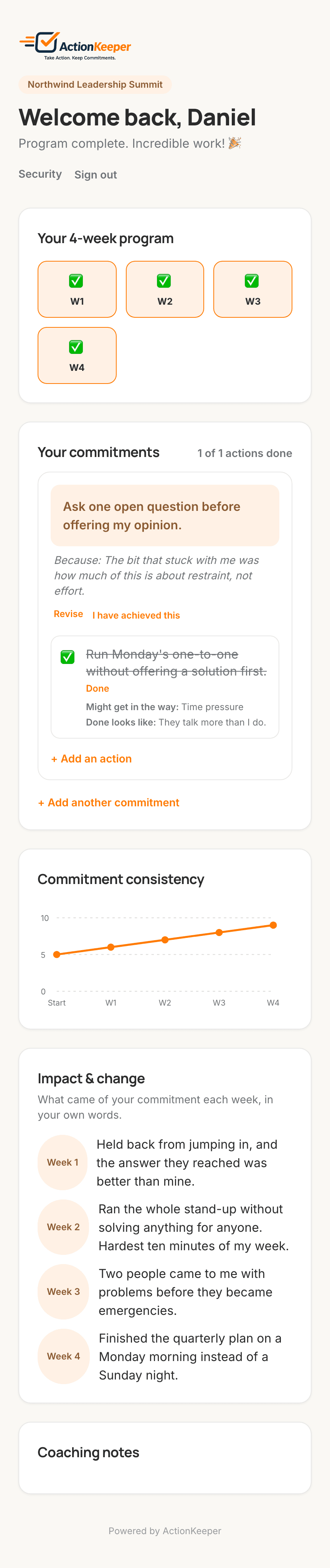 A phone showing a participant's dashboard: their commitment, actions, a consistency chart and their impact notes.
