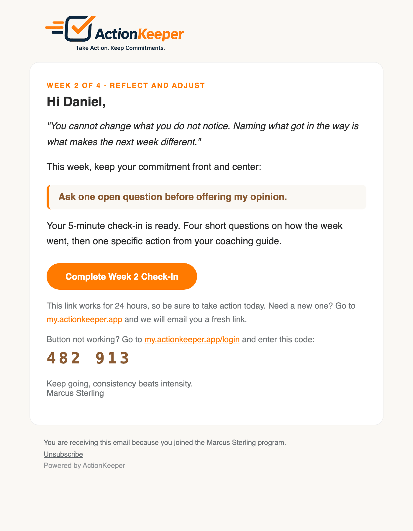 The week two email: the participant's commitment quoted back to them, and a button to complete the check-in.